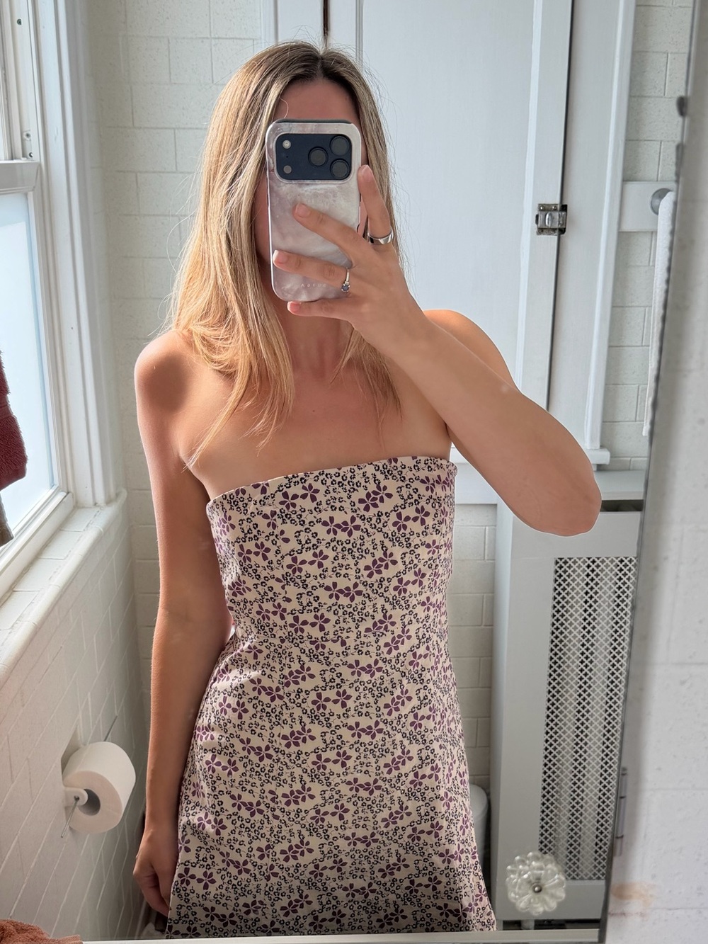 Strapless Floral Dress in Cream and Purple
